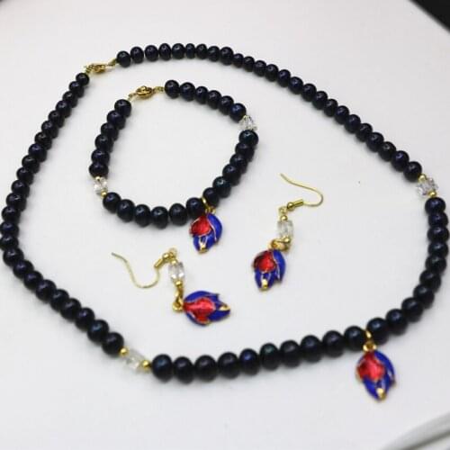 Original Design Fashion Women 7-8mm Natural Black Freshwater Cultured Pearl Beads Necklace Bracelets Earrings Jewelry Set B2925
