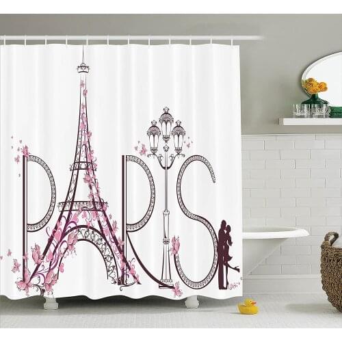 Paris Shower Curtain Tower Eiffel with Paris Lettering Couple Trip Flowers Floral Design Print Bathroom Decor Set with Hooks 84"