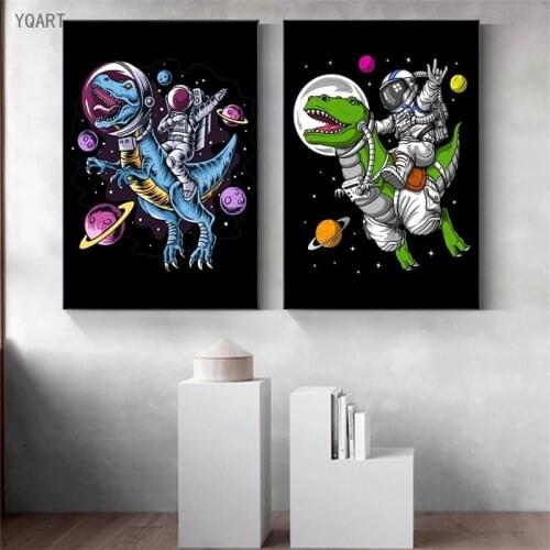 Creative Astronaut Riding Dinosaur Flying on Outer Space Canvas Posters Printing Pictures for Modern Kids Room Wall Decor