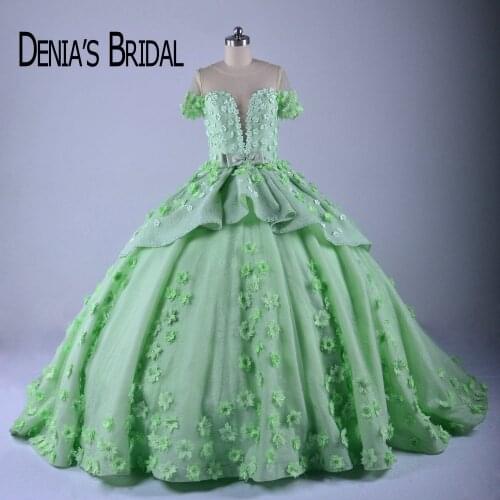 Puffy Colorful Wedding Dresses Sheer Crew Neck Handmade Flowers Beaded Court Train Ball Gown Bridal Gowns