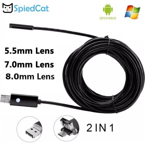 SPIED CAT 1/2/5/10M Soft Cable 5.5/7/8mm Mini 2in1 Endoscope Camera Snake inspection Pipe micro USB For Android Phone PC Window