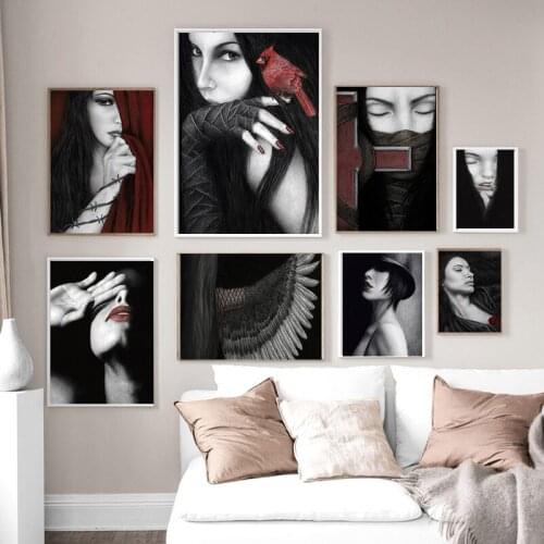 Nordic Diablo Vintage Beautiful Women Feather Rose Canvas Painting Fashion Print Poster Wall Art Picture Living Room Home Decor