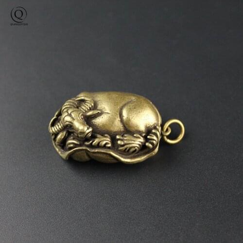 Vintage Brass Zodiac Animal Bull Figurines Keychain Pendants Jewelry Lucky Car Key Ring DIY Hanging Trinket Gift Fashion Keyring