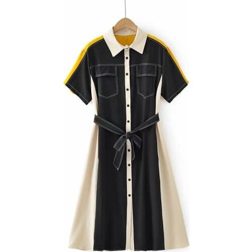 Plus Size Dresses For Women In Summer With Color Contrast Stitching Short Sleeves Dress With Belt Large Size For Fatwomen Wear