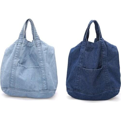 2Pcs Denim Slouch Bag Casual Jean Fabric Handbag Leisure Korean Style Fashion Japanese Fashion Messenger Top-Handle Bag - Sky Bl