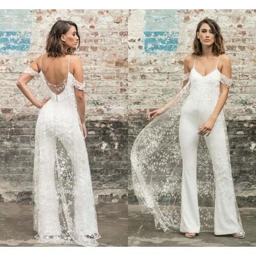 Wedding Jumpsuit Beach Wedding Dresses With Cape V Neck Ankle Length Boho Wedding Gowns pant suit Robe De Soiree