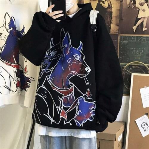 Black Dog Print Tops Streetwear Funny Gothic Hoodies Mens Hip Hop Amine Sweatshirts Male Korean Fashions Harajuku Punk Hoodie