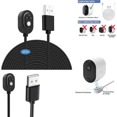 25ft/7.6m Weatherproof Outdoor Charging Cable for Arlo Ultra/Ultra 2/Pro 3/Pro 4(Black