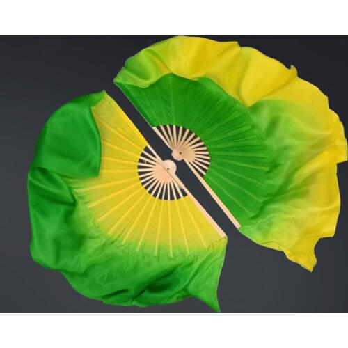 Real Silk Double-sided Fan Veils Gradient Yellow/Green Belly Dance Fan Veil for Stage Performance Props Fan 1Pair Two-Layers