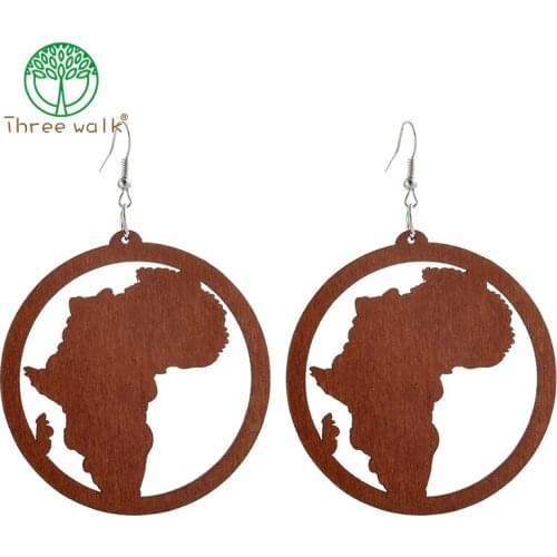 Vintage Natural Round Wood Earrings Map Africa For Party Women Decoration
