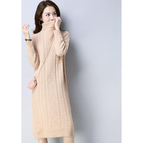 Knitted Women Dresses Autumn Thick Long Sleeve Turtleneck Female Long Dress Winter New solid Split Loose Dresses