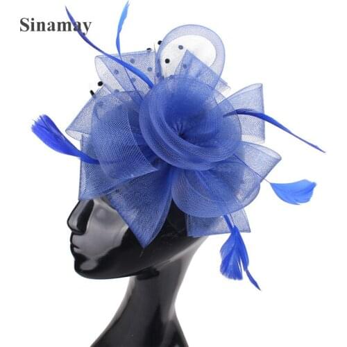 Royal Blue Crinoline Fascinators Hat Hair Clips For Women Wedding Church Party Headwear Kentucky Derby Hair Accessories SYF396