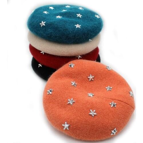[Onidfurow] Angora rabbit Women Winter berets Luxury Silver star rivets Female Warm Vogue beret Hats Girls Flat cap beret for