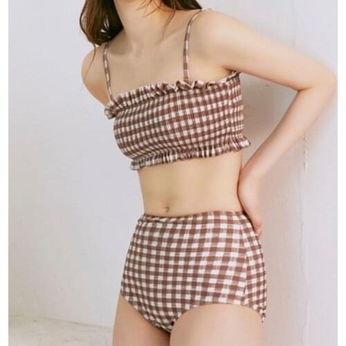 2019 Womens Two Pieces Smocked SwimSuit Plaid Off-shoulder Top&high Waist Bottom Push Up Swimwear Beachwear Bathing Suit