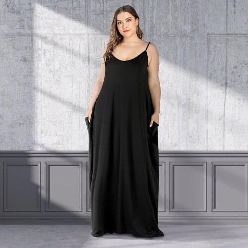 2021 Summer Strap Dress Women V Neck Sleeveless Extra Big Size Floor Length Long Dress Pockets Loose Plus Size Women Clothing