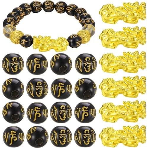 50 Pcs Feng Shui Black Resin Round Loose Beads 5 Pcs Pi Xiu Lucky Metal Charms for Fortune Bracelet Jewelry Making