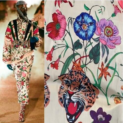 Flower Tiger Head Digital Printing Satin Fabric G Brand High Fashion Textile Fabric for Dress Handmade DIY Sewing Material