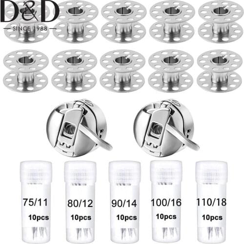 Sewing Craft Tool Kit Include 2PCS Sewing Machine Bobbin Case & 10PCS Metal Bobbins with 50Pcs Sewing Machine Needles Set