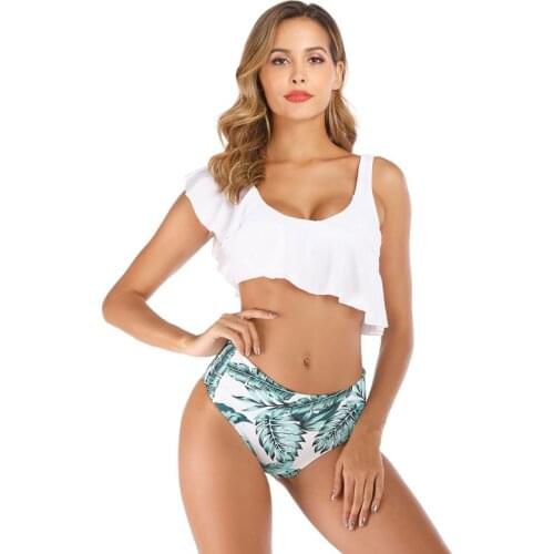 Women Sexy Bikini Set Irregular Ruffle Flounce Swimsuit Tropical Leaf Beachwear