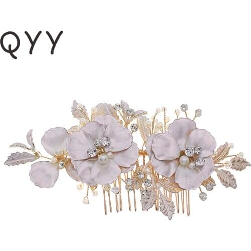 QYY Fashion Rhinestone Flower Hair Comb Clips for Women Accessories Gold Color Bridal Wedding Hair Jewelry Prom Headpiece Gifts