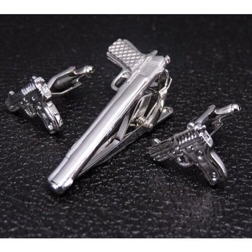 HYX Classic silvery Tie Clips cufflinks set for Men High Quality Hand grinding Pistol Necktie Tie Bar link Clasp Brand Jewelry