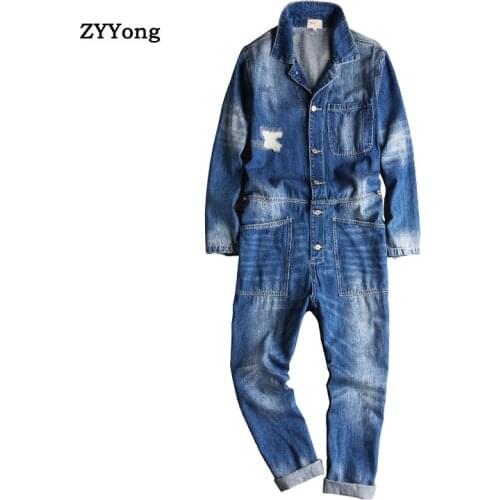 Men Denim Jumpsuit Long Sleeve Blue Workwear Hip Hop Streetwear Jeans Overalls Fashion Cargo Pants Leisure Freight Trousers