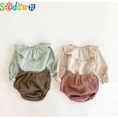 Sodawn Baby Clothing Plaid Full Sleeve Shirt And Bloomer 2PCS Boys Clothes Set Fashion Toddler Girls Set