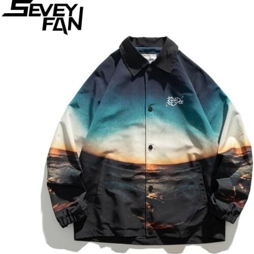 SEVEYFAN Mens Harajuku See and Sunset Printed Jacket Fashion Oversize Coach Training Coat