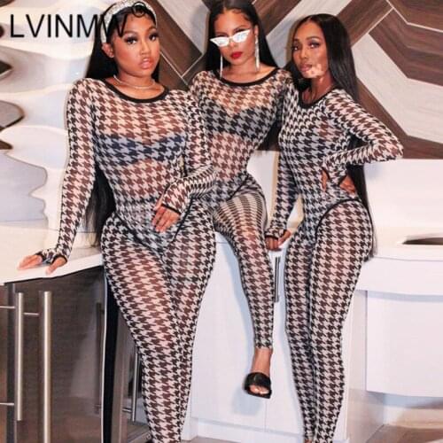 LVINMW Sexy Plaid Transparent Retro Skinny Slim Patchwork Woman Two Piece Set O Neck Long Sleeve Hole Bodysuits High Waist Pants