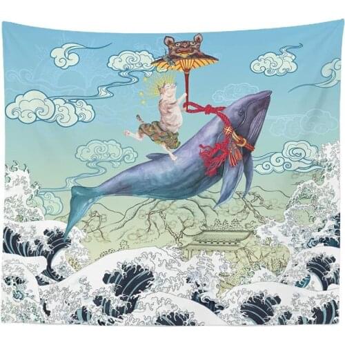Lovely Ukiyo E Cat Tapestry Marine Blue Home Decor Living Room Dormitory Outside