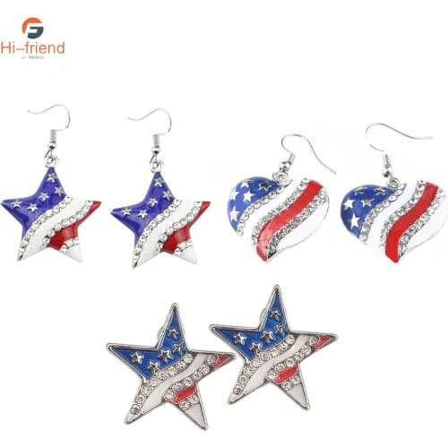 Fashion Trend Creativity Earrings American Flag Stripes Star Love Hat Shape Ear Studs for Women Men Patriot Gift Jewelry