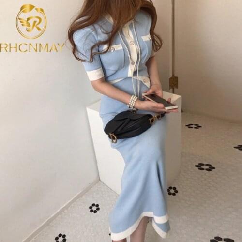 Fashion Korean Elegant Knitted 2 Pieces Sets Hit Color Single Breasted Short Sleeve O-neck Tops + High Waist Long Skirt