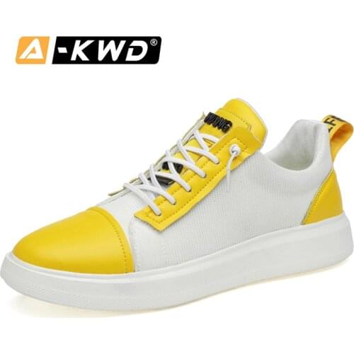 New Fashion Shoes Breathable Baskets Homme 2019 Yellow Men Casual Shoes Leather Genuine Autumn Sneaker Men Low Top Mens Trainers