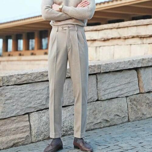 Casual straight thick warm trousers mens all-match solid color non-iron high-waist pants gentlemen fashion woolen trousers