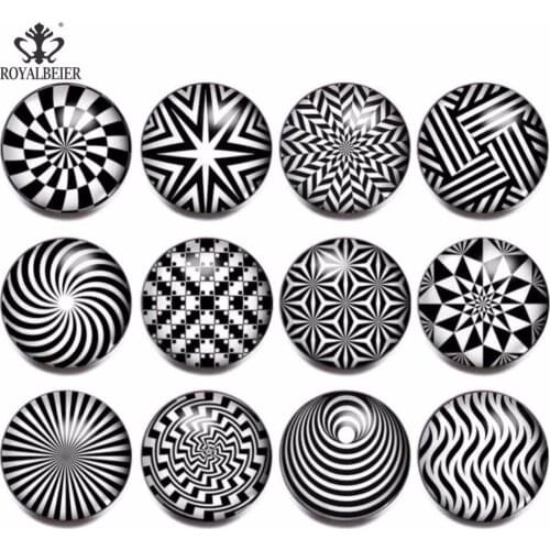 RoyalBeier 12pcs Glass Charms Black White Classic Geometry 18mm Snap Button For 20mm Snap Bracelet Button Jewelry