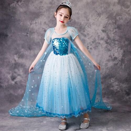 Girls Sequin Cosplay Queen Elsa Tulle Dress Kids Ball Gown Birthday Party Snowflake Cartoon Princess Dress