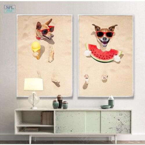 SPLSPL Unframed Modern Wall Art Picture Beach Summer Scenery Dog Eat Watermelon Canvas Print Home Decor Painting and Poster