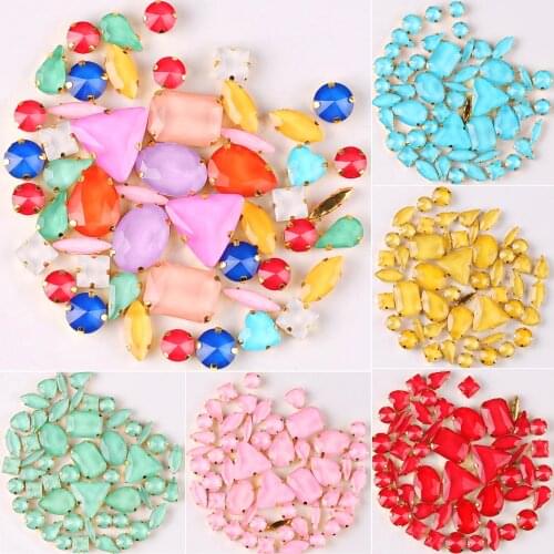 Gold claw settings 50pcs/bag shapes mix jelly candy colors mix glass crystal sew on rhinestone wedding dress shoes bags diy