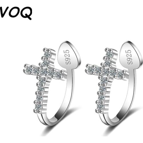 VOQ 925 Sterling Silver Cross Ear Clip Female Japanese and Korean Style Simple Inlaid Zircon Without Pierced Earrings Jewelry