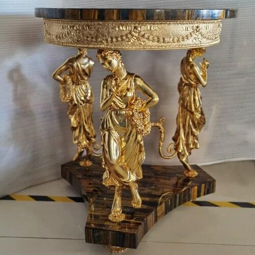 French Antique Reproduction Brass Table with Tigereye Inlaid Desktop W65H77cm Creative Luxury Round Console Center Piece