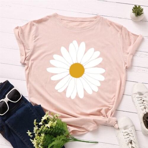 Plus Size S-5XL Cotton T-Shirt Vintage Daisy Flower Print T Shirt Women O Neck Short Sleeve Tee Summer Women TShirt Pink Tops