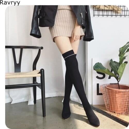 Womans long boots black elastic knitting black women over-the-knee boot square heel round toe autumn winter nice female shoes