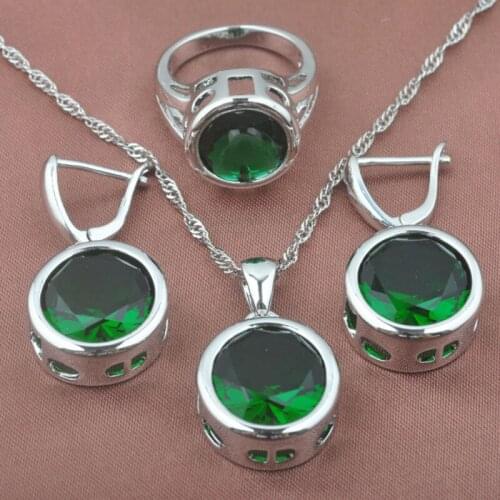 Womens Wedding Jewelry Sets New Round Green Zirconia Pendant Rings Silver Color Necklace And Earrings Set Top Jewellry TZ0370