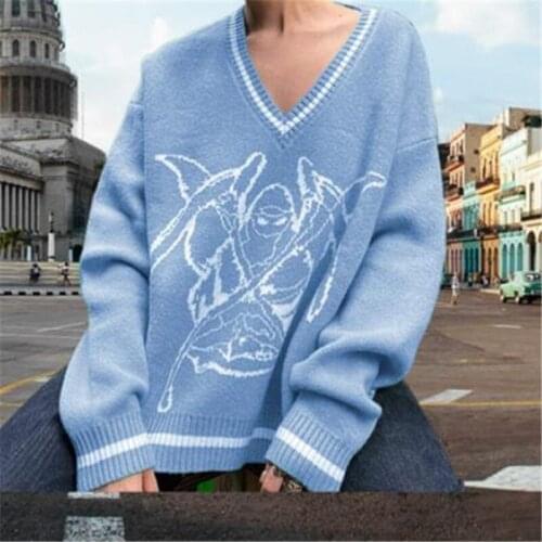 Cartoon Print Loose Knit Sweater Ladies Elegant Blue Oversized Pullover Ladies Winter Blue Long V-Neck Sweater Streetwear