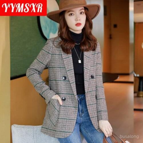 S-4XL Large Size Womens High Quality Winter Elegant Double-breasted Plaid Ladies Office Suit Loose Long Sleeve Jacket Female