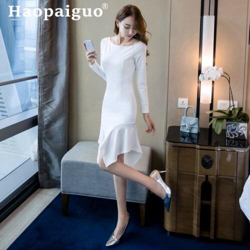 Plus Size 2019 Winter Autumn Casual White Dress Women Long Sleeve Slim Ruffles Bodycon Wrap Dress Women Red Black Midi Dress