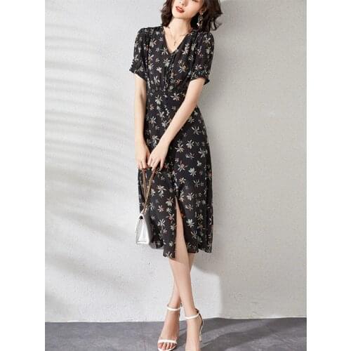 Black print white Floral Silk Dresses Women fashion 2021 Summer Long Casual Sexy Office Work Daily Dress Plus Size Slim Fit A