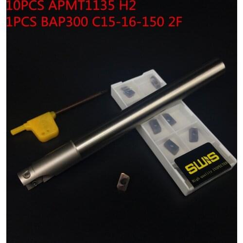 10PCS APMT1135 H2 + 1PCS 16mm Milling cutter holder BAP300R C15-16-150L-2F face mill Roughing Working P M K