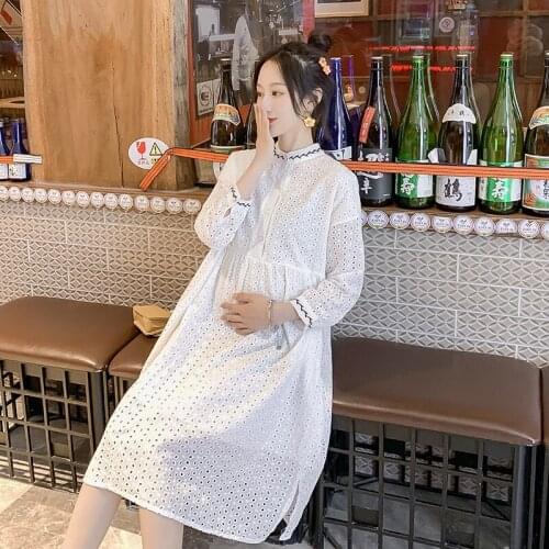 1930# Maternity Dress Spring Autumn Cotton Long Sleeve Loose Stylish Lace Dress for Pregnant Women Mom Dress