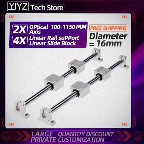 2Pcs/Linear Optical Axis Rail Shaft OD16mm 100-1150mm + 4pc SCS16UU Linear Bearing Blocks + 4pc SK16 Bearing Support